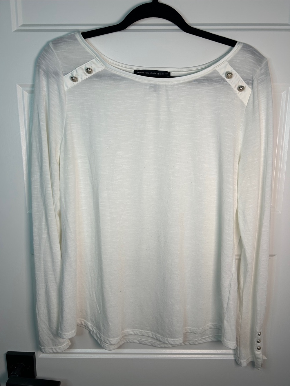 White House Black Market White Boatneck Long Sleeve Top with Shoulder Buttons